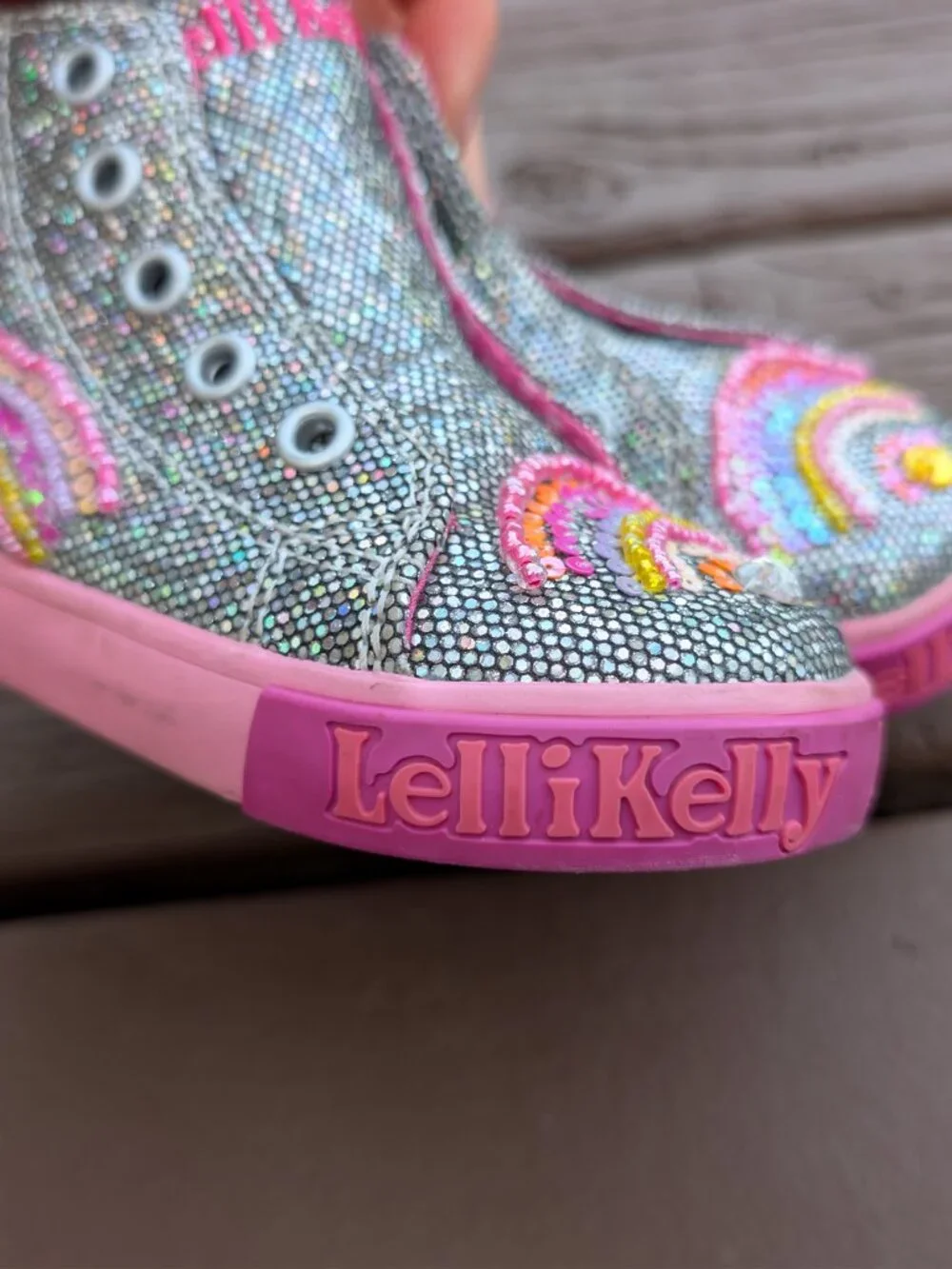 Kids Lelli Kelly Rainbow Sequin High-Top Sneakers Rainbows and Hearts Sz. 24/7.5